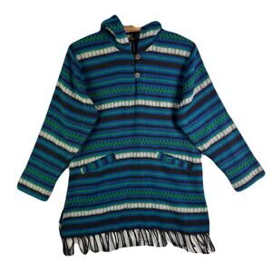 SACRED THREADS Hooded/Multicolored Striped/Fringe Hem Mexican Poncho Size S